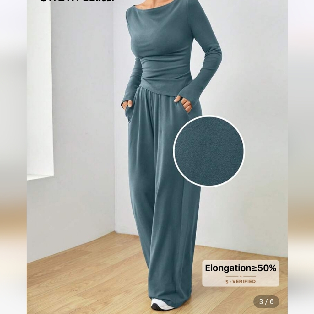 Teal Long Sleeve Top and Wide-Leg Pants Set - Picture 5 of 9